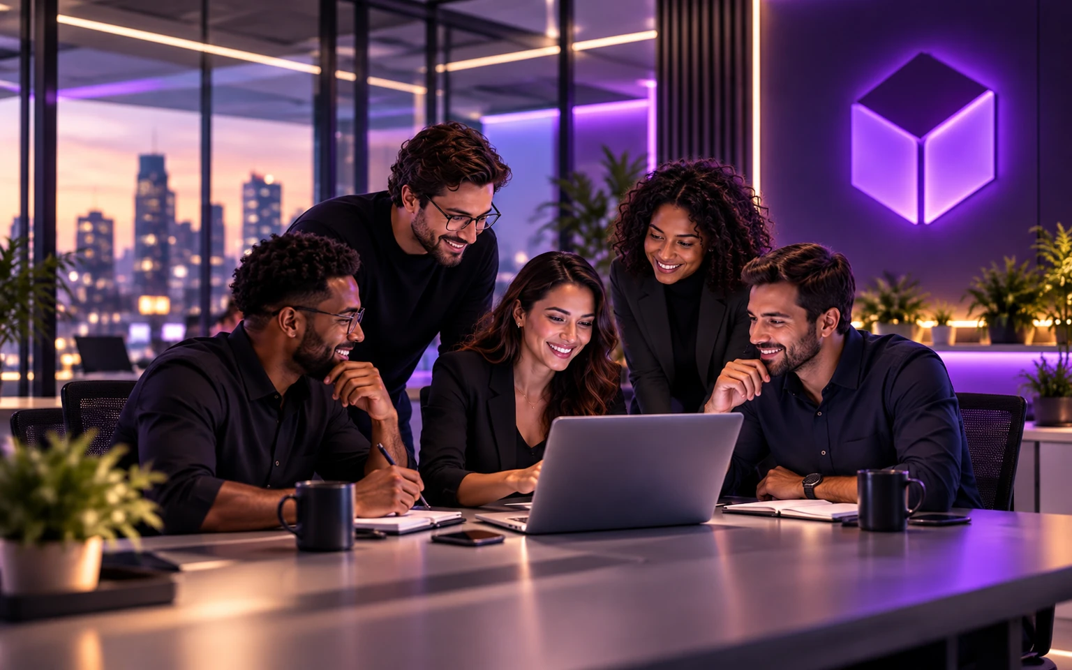 Equipe colaborando em torno de um notebook no escritório